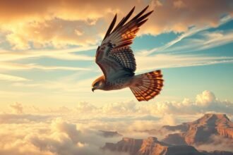 Falco in volo sopra le nuvole, simbolo di libertà e potere.