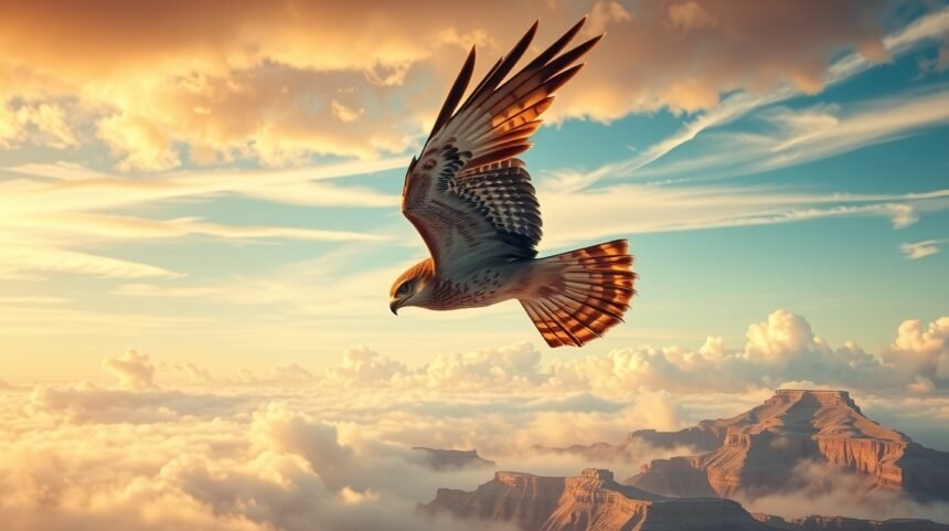 Falco in volo sopra le nuvole, simbolo di libertà e potere.