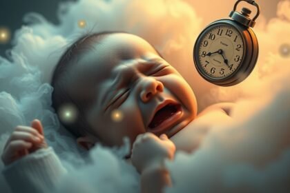 Neonato che piange circondato da nuvole e orologio