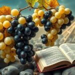 Raccolta di uva bianca e nera con un libro aperto sullo sfondo