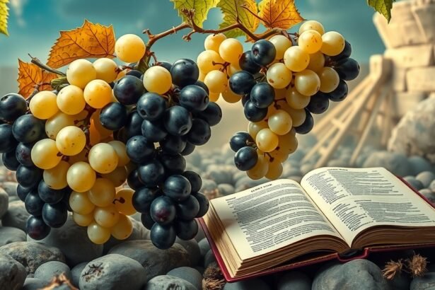 Raccolta di uva bianca e nera con un libro aperto sullo sfondo