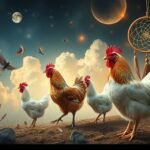 Galline in un paesaggio onirico con cielo stellato e sogni