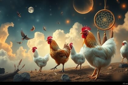 Galline in un paesaggio onirico con cielo stellato e sogni