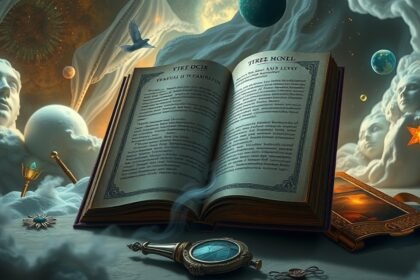 Libro aperto con simboli mistici e immagini oniriche che rappresentano i sogni.