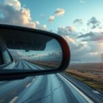 Retrovisore di un'auto con strada e cielo sereno sullo sfondo