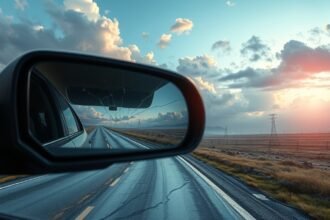 Retrovisore di un'auto con strada e cielo sereno sullo sfondo
