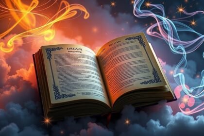 Libro dei sogni aperto su nuvole con elementi eterei