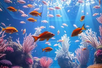 Immagine di un acquario con pesci colorati e coralli vibranti