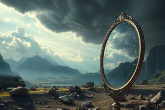 Specchio rotto riflette paesaggio montano e furgone