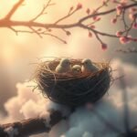 Nido d'uccelli con pulcini in un ramo fiorito