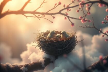 Nido d'uccelli con pulcini in un ramo fiorito