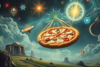 Pizza fluttuante in un paesaggio onirico con simboli astrali.