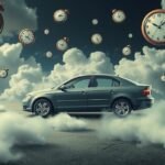 Auto ferma tra nuvole e orologi rappresenta blocchi nella vita.