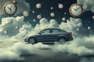 Auto ferma tra nuvole e orologi rappresenta blocchi nella vita.