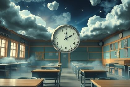 Interno di una scuola con un clock e nuvole, simbolo di ansia e crescita.