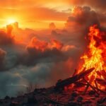 Fiamme ardenti sopra le nuvole al tramonto, simbolo di calore e distruzione.