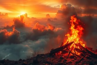 Fiamme ardenti sopra le nuvole al tramonto, simbolo di calore e distruzione.
