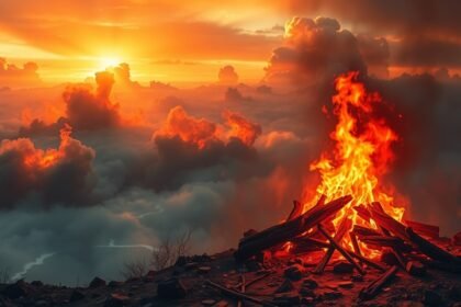 Fiamme ardenti sopra le nuvole al tramonto, simbolo di calore e distruzione.