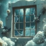 Finestra rotta in un paesaggio onirico con fiori e nuvole.