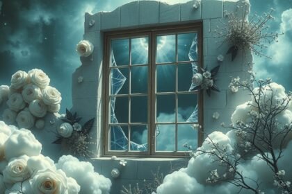 Finestra rotta in un paesaggio onirico con fiori e nuvole.