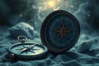 Bussola su un fondale misterioso, simbolo di orientamento e paure.