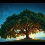 Albero di fico illuminato con numeri fortunati sullo sfondo