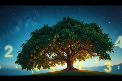 Albero di fico illuminato con numeri fortunati sullo sfondo