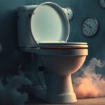 Toiletto otturato in un ambiente inquietante con orologi