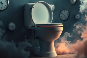 Toiletto otturato in un ambiente inquietante con orologi