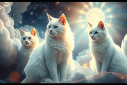 Tre gatti bianchi misteriosi illuminati dalla luna