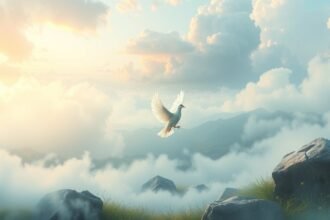 Colomba bianca in volo sopra le nuvole, simbolo di pace e rinascita.
