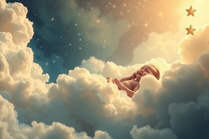 Neonato che sorride tra le nuvole in un cielo stellato