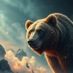 Un orso bruno maestoso in un paesaggio mistico di montagna.