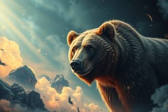 Un orso bruno maestoso in un paesaggio mistico di montagna.