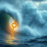 Chiave dorata tra onde giganti che simboleggiano travolgimento emotivo