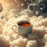 Tazza di caffè fumante tra nuvole e orologi