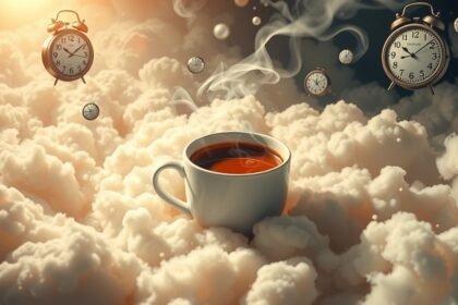 Tazza di caffè fumante tra nuvole e orologi