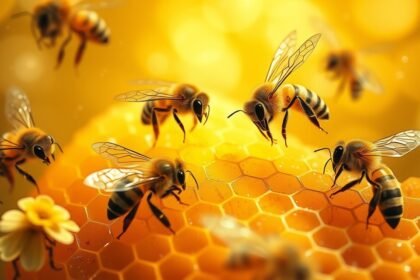 Api che lavorano su un favo d'oro, simbolo di abbondanza e cooperazione.