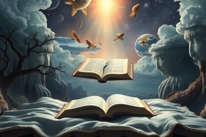 Immagine simbolica di libri aperti e elementi naturali, rappresentante i sogni