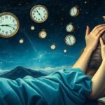 Persona che sogna, circondata da orologi e stelle nel cielo notturno.