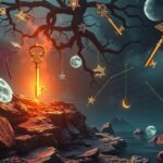 Chiave luminosa appesa a un albero in un paesaggio onirico