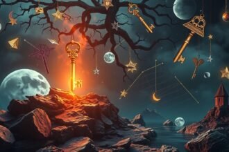 Chiave luminosa appesa a un albero in un paesaggio onirico