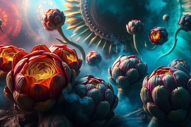 Carciofi cotti e crudi in un paesaggio onirico