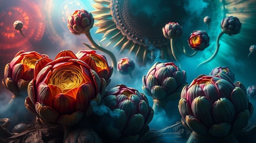 Carciofi cotti e crudi in un paesaggio onirico