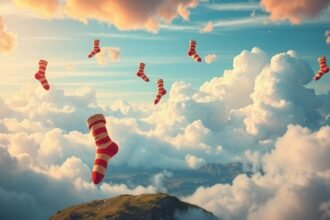 Calzini rossi a strisce che fluttuano tra le nuvole nel cielo