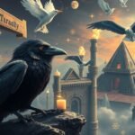 Corvo in un paesaggio onirico, simbolo di saggezza e sventura.