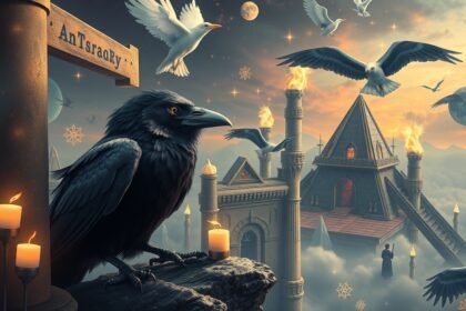 Corvo in un paesaggio onirico, simbolo di saggezza e sventura.
