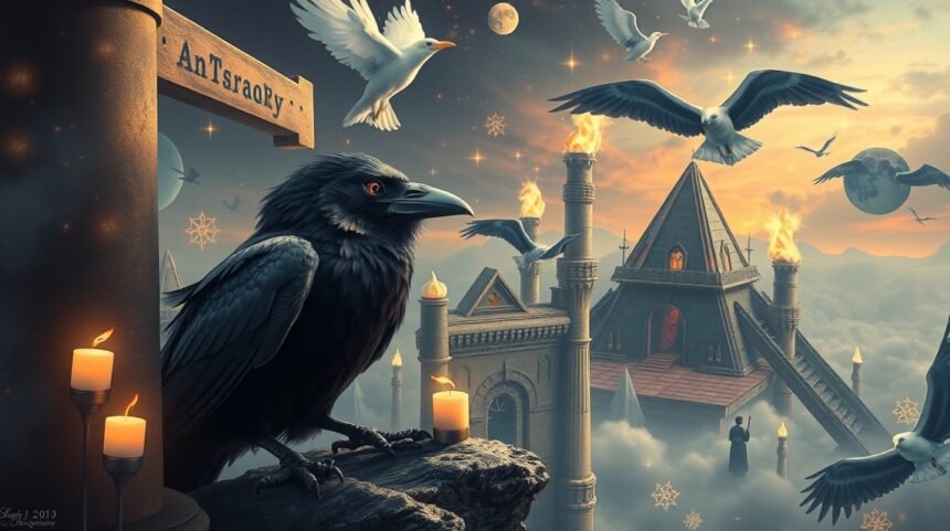 Corvo in un paesaggio onirico, simbolo di saggezza e sventura.