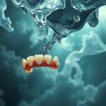 Dentiera che cade nell'acqua, simbolo di fragilità e cambiamenti.