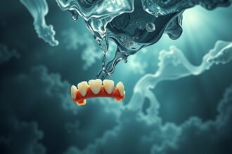 Dentiera che cade nell'acqua, simbolo di fragilità e cambiamenti.